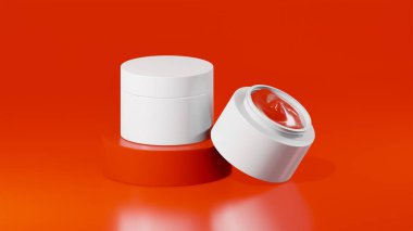 Çift paket beyaz tencere krem şişeleri, kırmızı podyumda esrar kremi şişeleri, kırmızı arka planda izole edilmiş ot kremi şişeleri..