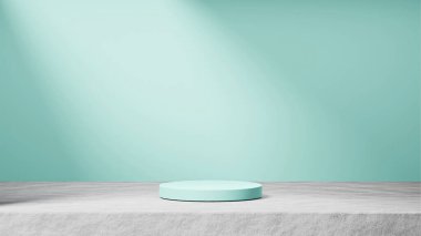 Arka planda güneş ışınları ışığı, soluk turkuaz arka planda, çimento üzerinde izole soluk turkuaz podyum, ürün değiştirme.