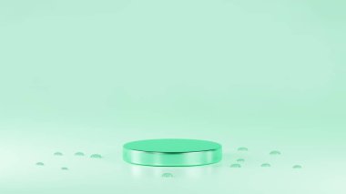 Nane renginde izole edilmiş parlak podyum. Nane renginde arka planda, etrafında su damlaları var.