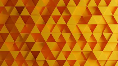 Parlak turuncu üçgen desenli üç boyutlu arka plan. Farklı derinliklere sahip üç boyutlu üçgen desen. Üçgen şekil arkaplanının deseni 3d.