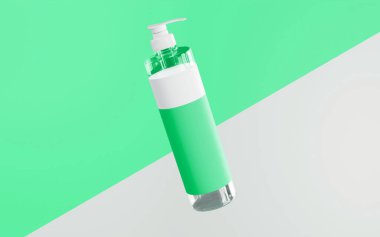 Beyaz kapaklı temiz şişe pompası. beyaz ve deniz köpüğü kollu bu şişeyi kaplayan, köşegen beyaz ve deniz köpüğü arkaplan üzerinde yüzen