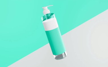 Beyaz kapaklı temiz şişe pompası. Bu şişeyi kaplayan beyaz ve deniz mavisi rengi köşegen beyaz ve deniz mavisi arkaplanı üzerinde yüzüyor.