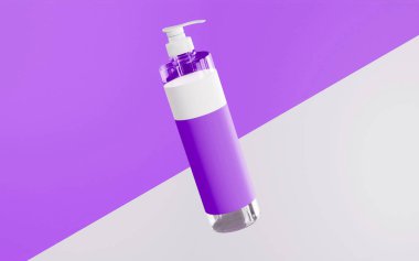 Beyaz kapaklı temiz şişe pompası. Bu şişeyi kaplayan beyaz ve deniz mavisi rengi köşegen beyaz ve deniz mavisi arkaplanı üzerinde yüzüyor.