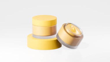 Çift paket karahindiba renkli krema şişeleri, karahindiba podyumunda esrar kreması şişeleri, beyaz arka planda izole edilmiş ot kreması şişeleri..