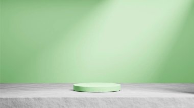 Arka planda güneş ışınları ışığı, yumuşak yeşim arka plan, ürün değiştirme ile çimento üzerinde izole yumuşak yeşim podyum.