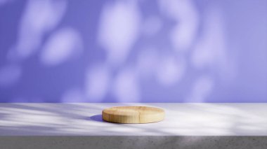 Dairesel ahşap bir podyum lavanta mavisi arka planı olan bir çimento tabanına yerleştirilir. Yaprakların doğal gölgeleriyle aydınlatma