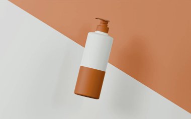 Kumtaşı kapaklı losyon şişesi pompası. beyaz ve kumtaşı kollu bu şişe pompasını kaplayan, köşegen beyaz ve kumtaşı arkaplan üzerinde yüzen.