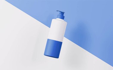 Mavi kapaklı şişe pompası. beyaz ve mavi kollu bu şişe pompası, çapraz beyaz ve mısır çiçeği mavi arka planı üzerinde süzülüyor