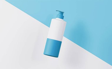 Bebek mavi kapaklı losyon şişesi pompası. beyaz ve bebek mavi kollu bu şişe pompası kaplayan, köşegen beyaz ve bebek mavi arka plan üzerinde yüzen