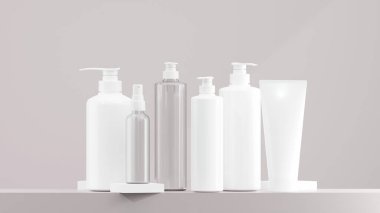 Beyaz losyon şişesi, sprey şişesi, pompa şişesi. Beyaz şapkalı temiz losyon şişesi. Güvercin grisi arka planda çeşitli boyutlarda losyon şişeleri