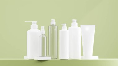 Beyaz losyon şişesi, sprey şişesi, pompa şişesi. Beyaz şapkalı temiz losyon şişesi. Değişik boyutlarda losyon şişeleri ve yumuşak aloe arkaplan