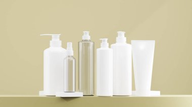 Beyaz losyon şişesi, sprey şişesi, pompa şişesi. Beyaz şapkalı temiz losyon şişesi. Şekerli kurabiye arka planında çeşitli boyutlarda losyon şişeleri
