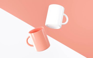 Çapraz somon ve beyaz arka planda iki yüzen kupa, biri beyaz ve biri somon renkli.