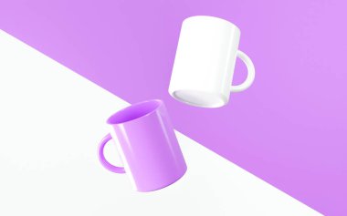 Çapraz lavanta ve beyaz arka planda iki yüzen kupa, biri beyaz ve biri lavanta renkli..