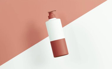 Yumuşak şeftali kapaklı losyon şişesi. beyaz ve yumuşak şeftali kollu bu şişe pompasını kaplayan, köşegen beyaz ve yumuşak şeftali arkaplan üzerinde yüzen