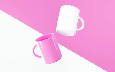 Çapraz şekerlemeli ve beyaz arkaplanlı iki yüzen kupa, biri beyaz ve biri şekerli.