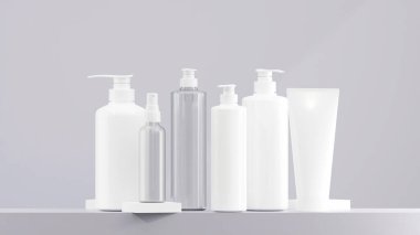 Beyaz losyon şişesi, sprey şişesi, pompa şişesi. Beyaz şapkalı temiz losyon şişesi. Ay tutulması geçmişi olan çeşitli boyutlarda losyon şişeleri..