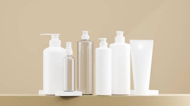 Beyaz losyon şişesi, sprey şişesi, pompa şişesi. Beyaz şapkalı temiz losyon şişesi. Şampanya arka planında çeşitli boyutlarda losyon şişeleri.