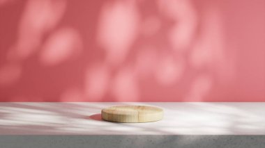 Çembersel ahşap bir podyum açık kırmızı arka planı olan bir çimento tabanına yerleştirilir. Yaprakların doğal gölgeleriyle aydınlatma.