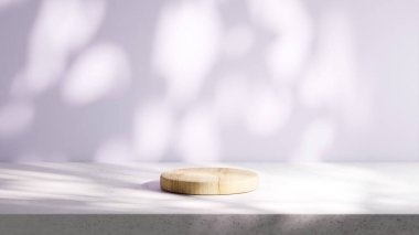 Yuvarlak ahşap bir podyum, Çin gümüşü arka planı olan bir çimento tabanına yerleştirilir. Yaprakların doğal gölgeleriyle aydınlatma.