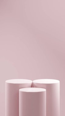 İstiridye renginde 3 podyum istiridye arka planının önüne yerleştirildi. Önlerindeki 1 podyumdan 2 podyum daha yüksektir. Ürün yerleştirme için podyum.