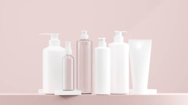 Beyaz losyon, sprey ve pompa şişesi. Beyaz şapkalı temiz losyon şişesi. Değişik boyutlarda losyon şişeleri ilahi pembe zemin üzerine koyuldu..