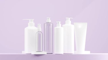 Beyaz losyon, sprey ve pompa şişesi. Beyaz şapkalı temiz losyon şişesi. Farklı boyutlarda losyon şişeleri lavanta arkaplanlı lavanta tabanlı.