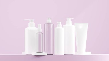 Beyaz losyon, sprey ve pompa şişesi. Beyaz şapkalı temiz losyon şişesi. Değişik boyutlarda losyon şişeleri pastel lavanta bazlı ve arka planda.