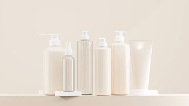 Bermuda mermisi losyonu, sprey ve pompa şişesi. Beyaz şapkalı temiz losyon şişesi. Çeşitli boyutlarda losyon şişeleri Bermuda kabuğu ve arka plan koymak