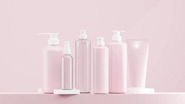 yumuşak pembe losyon, sprey ve pompa şişesi. Beyaz şapkalı temiz losyon şişesi. Değişik boyutlarda losyon şişeleri yumuşak pembe taban ve arka plan sürerler.