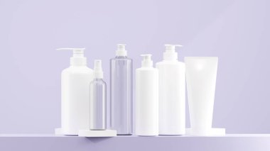 Beyaz losyon, sprey ve pompa şişesi. Beyaz şapkalı temiz losyon şişesi. Farklı boyutlarda losyon şişeleri açık mor tabanlı, açık mor arka planlı.