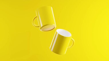 Orta sarı arka planda yüzen çifte Orta Sarı bardaklar. parlak stüdyo ışıkları