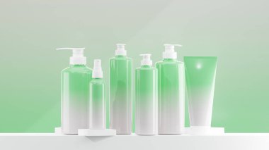 Mezuniyet Yay Yeşili 'nden Buz Mavisi losyonuna, spreye ve beyaz şapkalı pompa şişesine. Grading Spring Green 'den Ice Blue' ya kadar tüm ögeler Beyaz Üsse konuldu