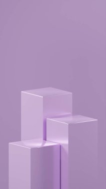 Farklı boyutlarda 3 küp podyum ve Parlak Ube renkleri Parlak Ube arkaplanı önünde düzenlenir