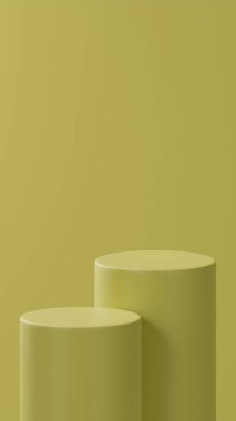 Yumuşak zeytin renginde çift yatay podyumlar Yumuşak zeytin arkaplanının üzerine yerleştirilmiştir. Fotoğraf: Stüdyo 2 Podyum
