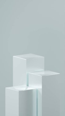Kabarcık renklerinde farklı boyutlarda 3 küp podyum, Kabarcık renkli bir arka plan önünde düzenlenir. Metalik parlak küpler