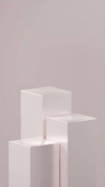 Primrose Pembe renklerinde 3 küp podyum, Primrose Pembesi renkli arka plan önünde düzenlenir. Metalik parlak küpler