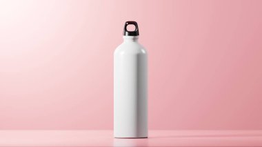 Parlak beyaz renkli, hafif mat kaplamalı modern spor su şişesi. Benzersiz parlak siyah şişe kapağı. Açık Pembe arkaplan
