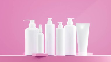 Beyaz losyon, sprey ve pompa şişesi. Beyaz şapkalı beyaz losyon şişesi. Değişik boyutlarda losyon şişeleri Taffy tabanı ve arkaplan rengi