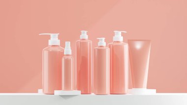 Yağlı somon losyonu, sprey ve beyaz şapkalı pompa şişesi. Beyaz taban ve tereyağlı somon arkaplan rengine konan losyon şişeleri