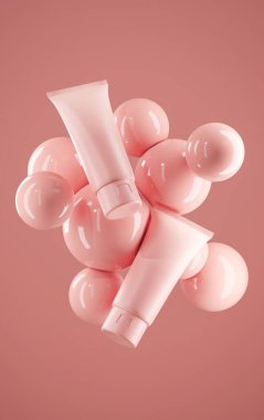 Çift mat Pastel Şeftali krem tüplerinin büyüleyici görüntüsü, narin hava kabarcıkları dingin ve ruhani bir atmosfer yaratıyor.