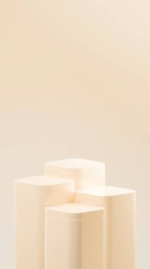 Yuvarlak köşeli 4 dikdörtgen podyum. Tereyağlı bej renkli lüks küp podyumları. Rastgele dizilmiş 4 podyum