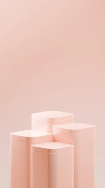 Yuvarlak köşeli 4 dikey küp podyumu. Heather Peach renginde lüks küp podyumları. Heather Peach arkaplanının üzerine rastgele dizilmiş 4 podyum