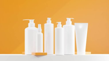 Beyaz losyon, sprey ve pompa şişesi. Beyaz şapkalı beyaz losyon şişesi. Altın sarısı taban ve arkaplan rengine konulmuş çeşitli boyutlarda losyon şişeleri