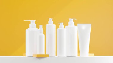 Beyaz losyon, sprey ve pompa şişesi. Beyaz şapkalı beyaz losyon şişesi. Altın sarısı taban ve arkaplan rengine konulmuş çeşitli boyutlarda losyon şişeleri