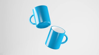 Beyaz arka planda 3D duble Gökyüzü Mavisi yüzen kupalar. Parlak stüdyo ışıkları. seramik kupalar