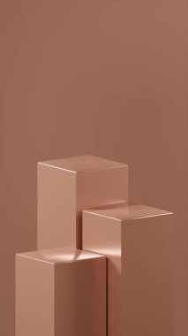 Yumuşak Kahverengi renklerde üç farklı boyutta küp podyum, Yumuşak Kahverengi renkli arka plan önünde düzenlenir. Metalik parlak küpler