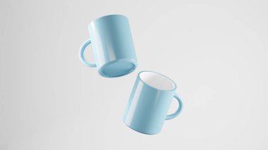 Beyaz arka planda üç boyutlu duble Mavi Bebek yüzen kupaları. Parlak stüdyo ışıkları. seramik kupalar