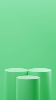 Deniz köpüğü renginde 3 podyum, deniz köpüğü arkaplanının önüne yerleştirildi. Önlerindeki 1 podyumdan 2 podyum daha yüksektir. ürün değişimi