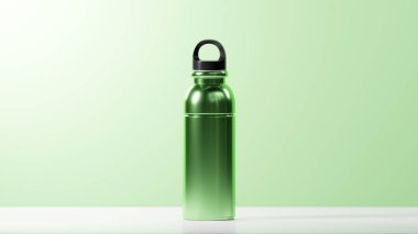 Metalik soluk yeşil bir şişede modern parlak içki şişesi ve düz bir beyaz tabanın üzerine siyah bir kapak konur. Soluk Yeşil arkaplan üzerinden ayarlanır